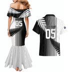 Custom New Zealand Football Couples Matching Mermaid Dress and Hawaiian Shirt Silver Fern Maori Pattern Monochrome