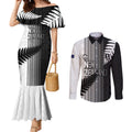 Custom New Zealand Football Couples Matching Mermaid Dress and Long Sleeve Button Shirt Silver Fern Maori Pattern Monochrome
