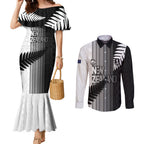 Custom New Zealand Football Couples Matching Mermaid Dress and Long Sleeve Button Shirt Silver Fern Maori Pattern Monochrome