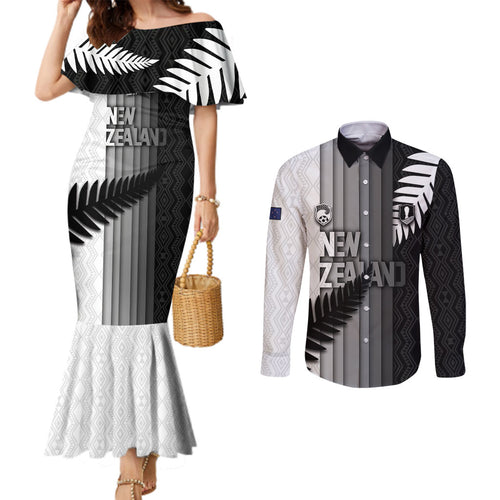 Custom New Zealand Football Couples Matching Mermaid Dress and Long Sleeve Button Shirt Silver Fern Maori Pattern Monochrome