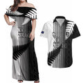 Custom New Zealand Football Couples Matching Off Shoulder Maxi Dress and Hawaiian Shirt Silver Fern Maori Pattern Monochrome