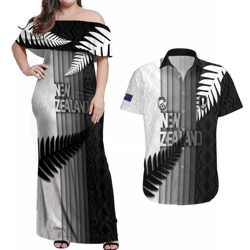 Custom New Zealand Football Couples Matching Off Shoulder Maxi Dress and Hawaiian Shirt Silver Fern Maori Pattern Monochrome