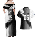 Custom New Zealand Football Couples Matching Off Shoulder Maxi Dress and Hawaiian Shirt Silver Fern Maori Pattern Monochrome