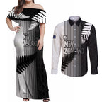 Custom New Zealand Football Couples Matching Off Shoulder Maxi Dress and Long Sleeve Button Shirt Silver Fern Maori Pattern Monochrome
