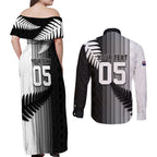 Custom New Zealand Football Couples Matching Off Shoulder Maxi Dress and Long Sleeve Button Shirt Silver Fern Maori Pattern Monochrome