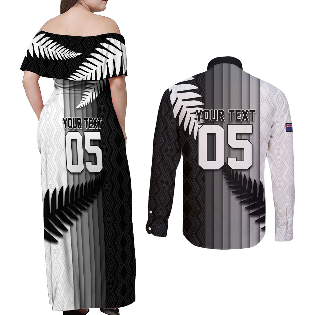 Custom New Zealand Football Couples Matching Off Shoulder Maxi Dress and Long Sleeve Button Shirt Silver Fern Maori Pattern Monochrome