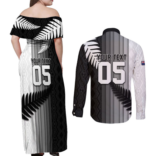 Custom New Zealand Football Couples Matching Off Shoulder Maxi Dress and Long Sleeve Button Shirt Silver Fern Maori Pattern Monochrome