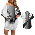 Custom New Zealand Football Couples Matching Off Shoulder Short Dress and Hawaiian Shirt Silver Fern Maori Pattern Monochrome