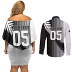 Custom New Zealand Football Couples Matching Off Shoulder Short Dress and Long Sleeve Button Shirt Silver Fern Maori Pattern Monochrome