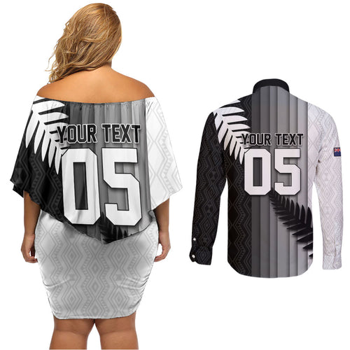 Custom New Zealand Football Couples Matching Off Shoulder Short Dress and Long Sleeve Button Shirt Silver Fern Maori Pattern Monochrome