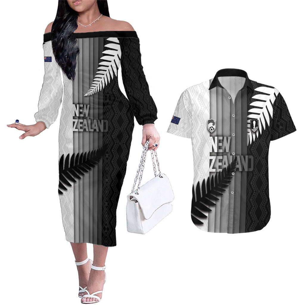Custom New Zealand Football Couples Matching Off The Shoulder Long Sleeve Dress and Hawaiian Shirt Silver Fern Maori Pattern Monochrome