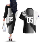Custom New Zealand Football Couples Matching Off The Shoulder Long Sleeve Dress and Hawaiian Shirt Silver Fern Maori Pattern Monochrome