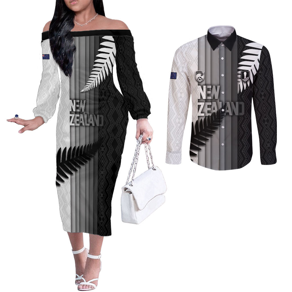 Custom New Zealand Football Couples Matching Off The Shoulder Long Sleeve Dress and Long Sleeve Button Shirt Silver Fern Maori Pattern Monochrome