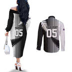 Custom New Zealand Football Couples Matching Off The Shoulder Long Sleeve Dress and Long Sleeve Button Shirt Silver Fern Maori Pattern Monochrome