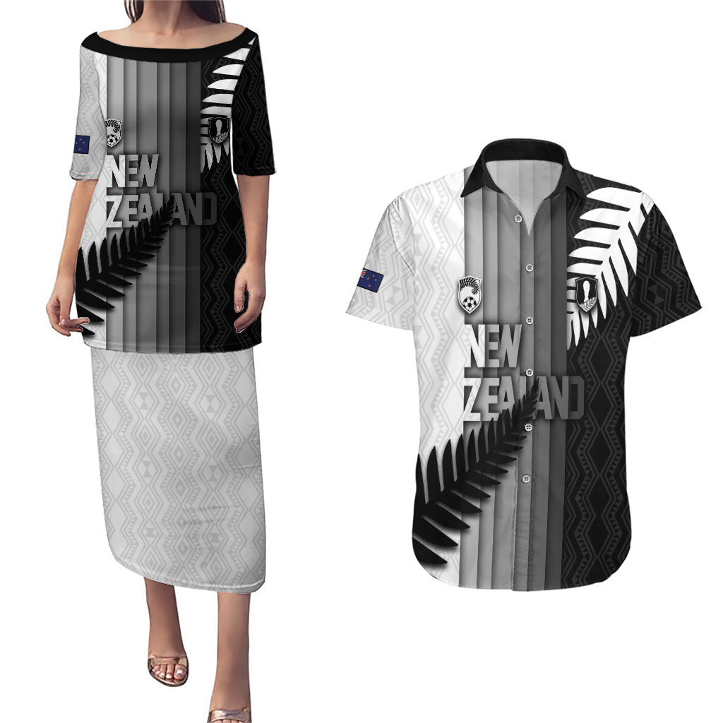 Custom New Zealand Football Couples Matching Puletasi and Hawaiian Shirt Silver Fern Maori Pattern Monochrome