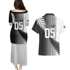 Custom New Zealand Football Couples Matching Puletasi and Hawaiian Shirt Silver Fern Maori Pattern Monochrome
