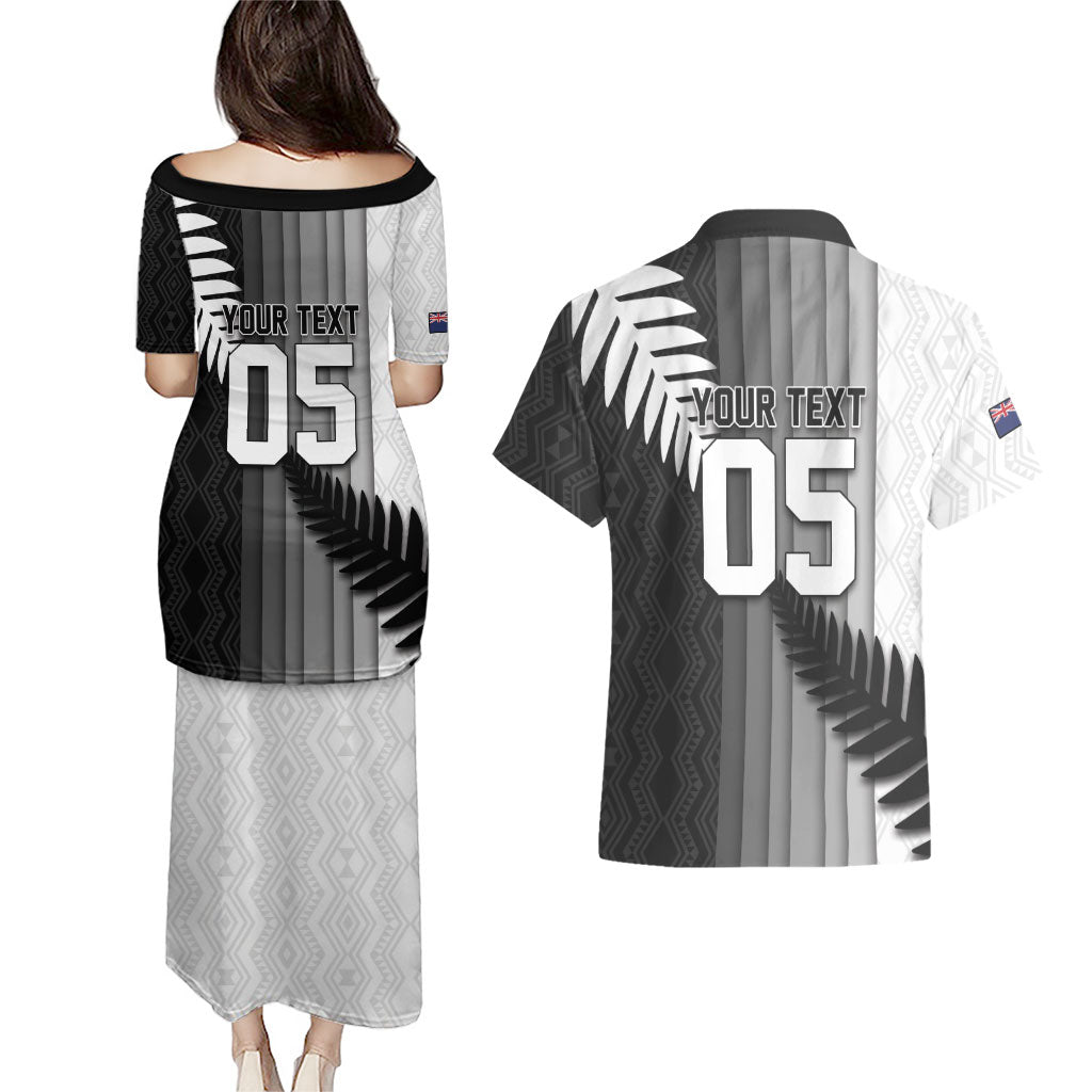 Custom New Zealand Football Couples Matching Puletasi and Hawaiian Shirt Silver Fern Maori Pattern Monochrome