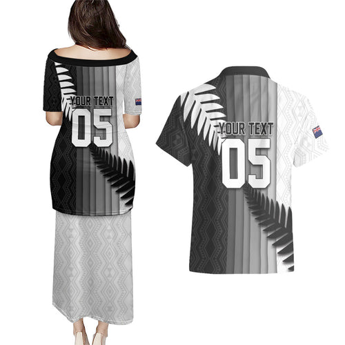 Custom New Zealand Football Couples Matching Puletasi and Hawaiian Shirt Silver Fern Maori Pattern Monochrome