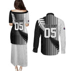 Custom New Zealand Football Couples Matching Puletasi and Long Sleeve Button Shirt Silver Fern Maori Pattern Monochrome