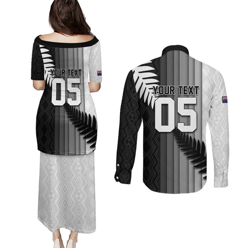 Custom New Zealand Football Couples Matching Puletasi and Long Sleeve Button Shirt Silver Fern Maori Pattern Monochrome