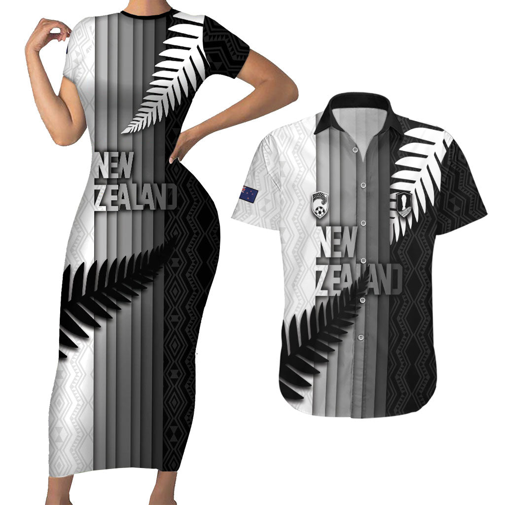 Custom New Zealand Football Couples Matching Short Sleeve Bodycon Dress and Hawaiian Shirt Silver Fern Maori Pattern Monochrome