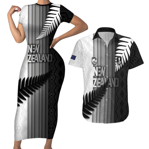 Custom New Zealand Football Couples Matching Short Sleeve Bodycon Dress and Hawaiian Shirt Silver Fern Maori Pattern Monochrome