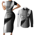 Custom New Zealand Football Couples Matching Short Sleeve Bodycon Dress and Long Sleeve Button Shirt Silver Fern Maori Pattern Monochrome