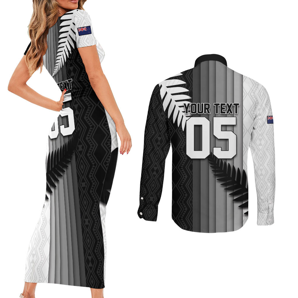 Custom New Zealand Football Couples Matching Short Sleeve Bodycon Dress and Long Sleeve Button Shirt Silver Fern Maori Pattern Monochrome