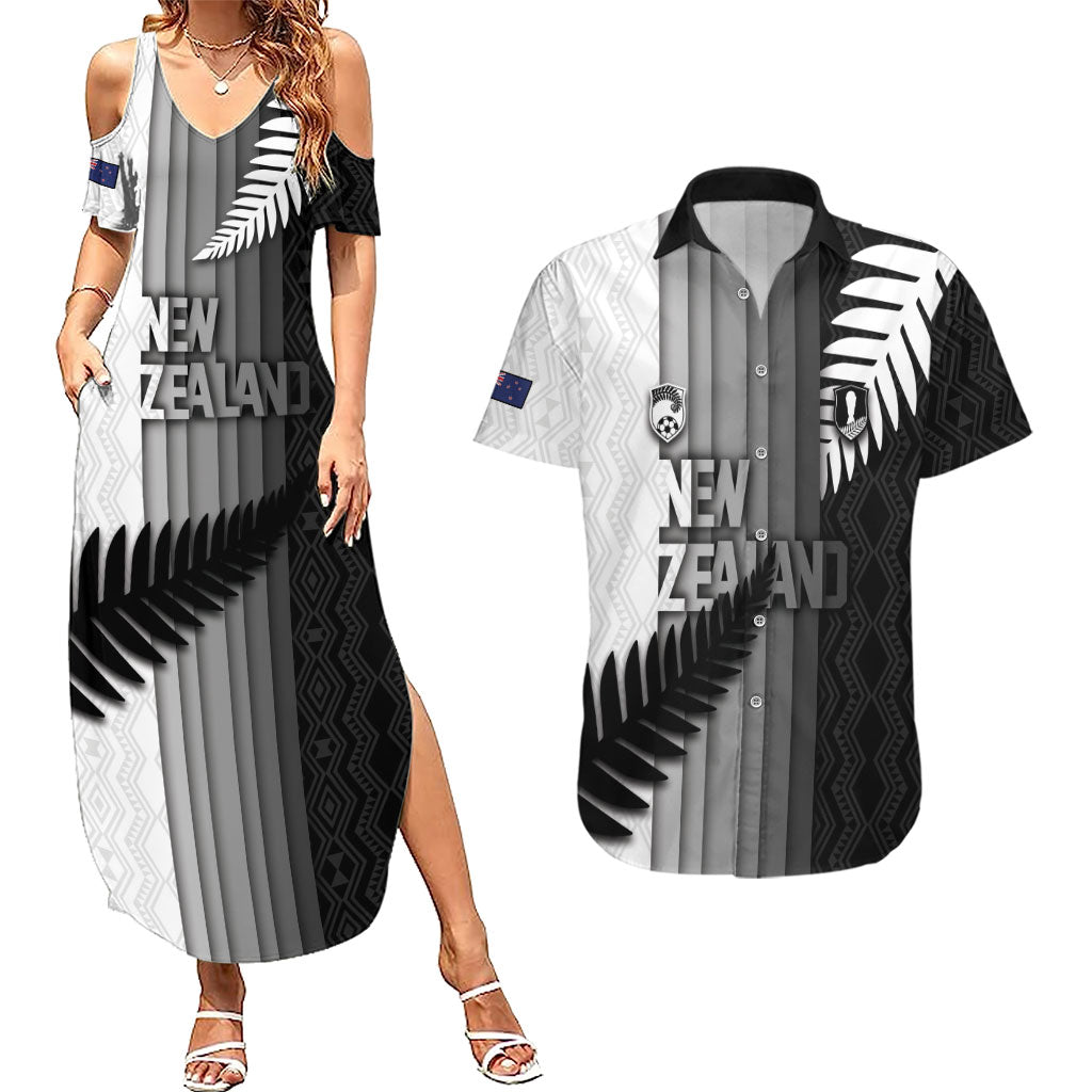 Custom New Zealand Football Couples Matching Summer Maxi Dress and Hawaiian Shirt Silver Fern Maori Pattern Monochrome