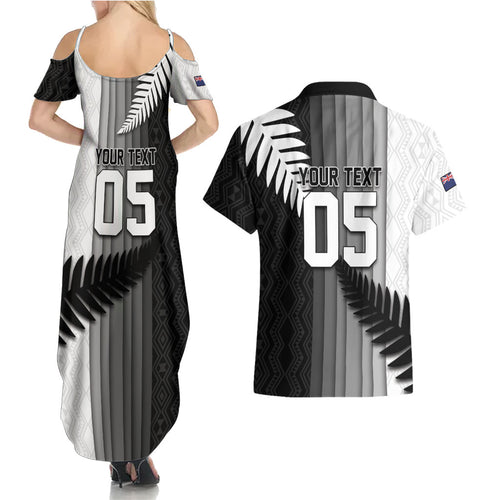 Custom New Zealand Football Couples Matching Summer Maxi Dress and Hawaiian Shirt Silver Fern Maori Pattern Monochrome