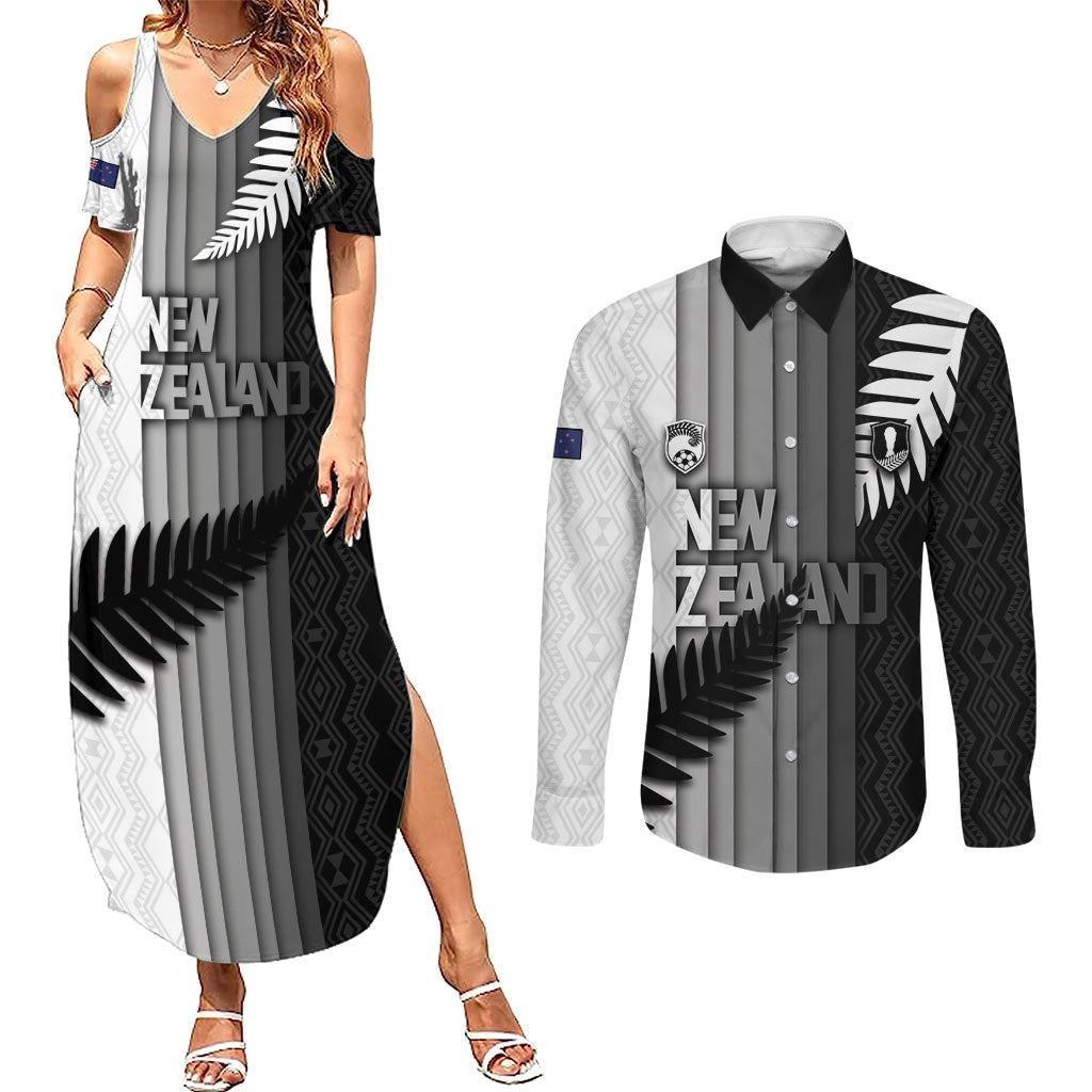 Custom New Zealand Football Couples Matching Summer Maxi Dress and Long Sleeve Button Shirt Silver Fern Maori Pattern Monochrome