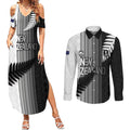 Custom New Zealand Football Couples Matching Summer Maxi Dress and Long Sleeve Button Shirt Silver Fern Maori Pattern Monochrome