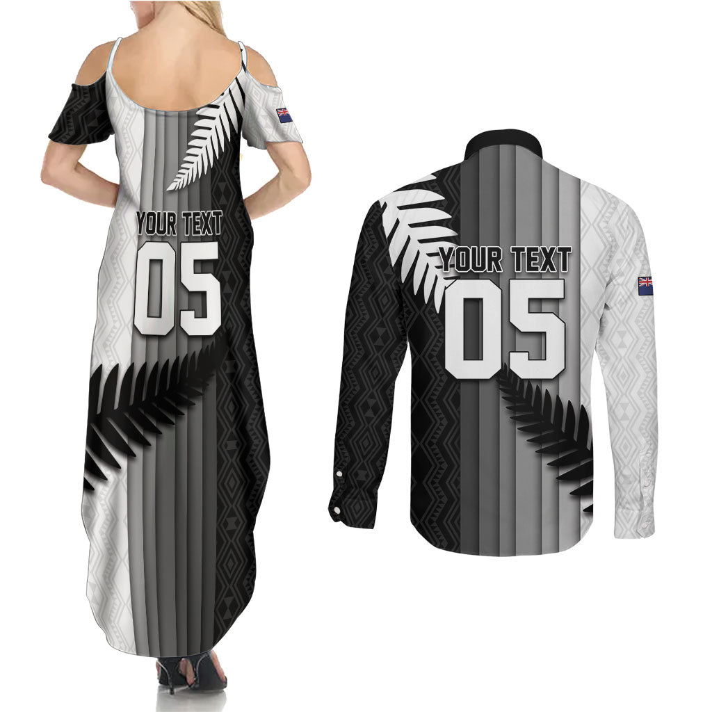 Custom New Zealand Football Couples Matching Summer Maxi Dress and Long Sleeve Button Shirt Silver Fern Maori Pattern Monochrome