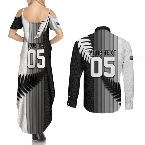 Custom New Zealand Football Couples Matching Summer Maxi Dress and Long Sleeve Button Shirt Silver Fern Maori Pattern Monochrome