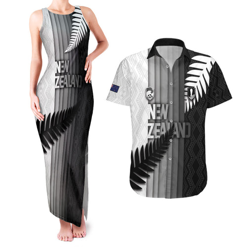 Custom New Zealand Football Couples Matching Tank Maxi Dress and Hawaiian Shirt Silver Fern Maori Pattern Monochrome