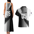 Custom New Zealand Football Couples Matching Tank Maxi Dress and Hawaiian Shirt Silver Fern Maori Pattern Monochrome