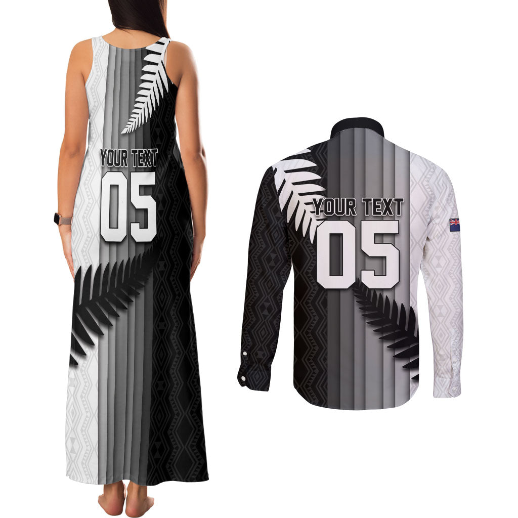Custom New Zealand Football Couples Matching Tank Maxi Dress and Long Sleeve Button Shirt Silver Fern Maori Pattern Monochrome
