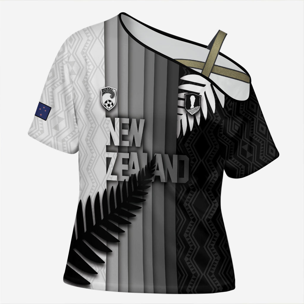Custom New Zealand Football Cross Shoulder Shirt Silver Fern Maori Pattern Monochrome