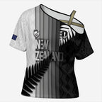 Custom New Zealand Football Cross Shoulder Shirt Silver Fern Maori Pattern Monochrome