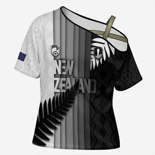 Custom New Zealand Football Cross Shoulder Shirt Silver Fern Maori Pattern Monochrome