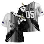Custom New Zealand Football Cross Shoulder Shirt Silver Fern Maori Pattern Monochrome