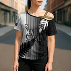 Custom New Zealand Football Cross Shoulder Shirt Silver Fern Maori Pattern Monochrome