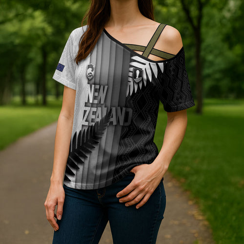 Custom New Zealand Football Cross Shoulder Shirt Silver Fern Maori Pattern Monochrome