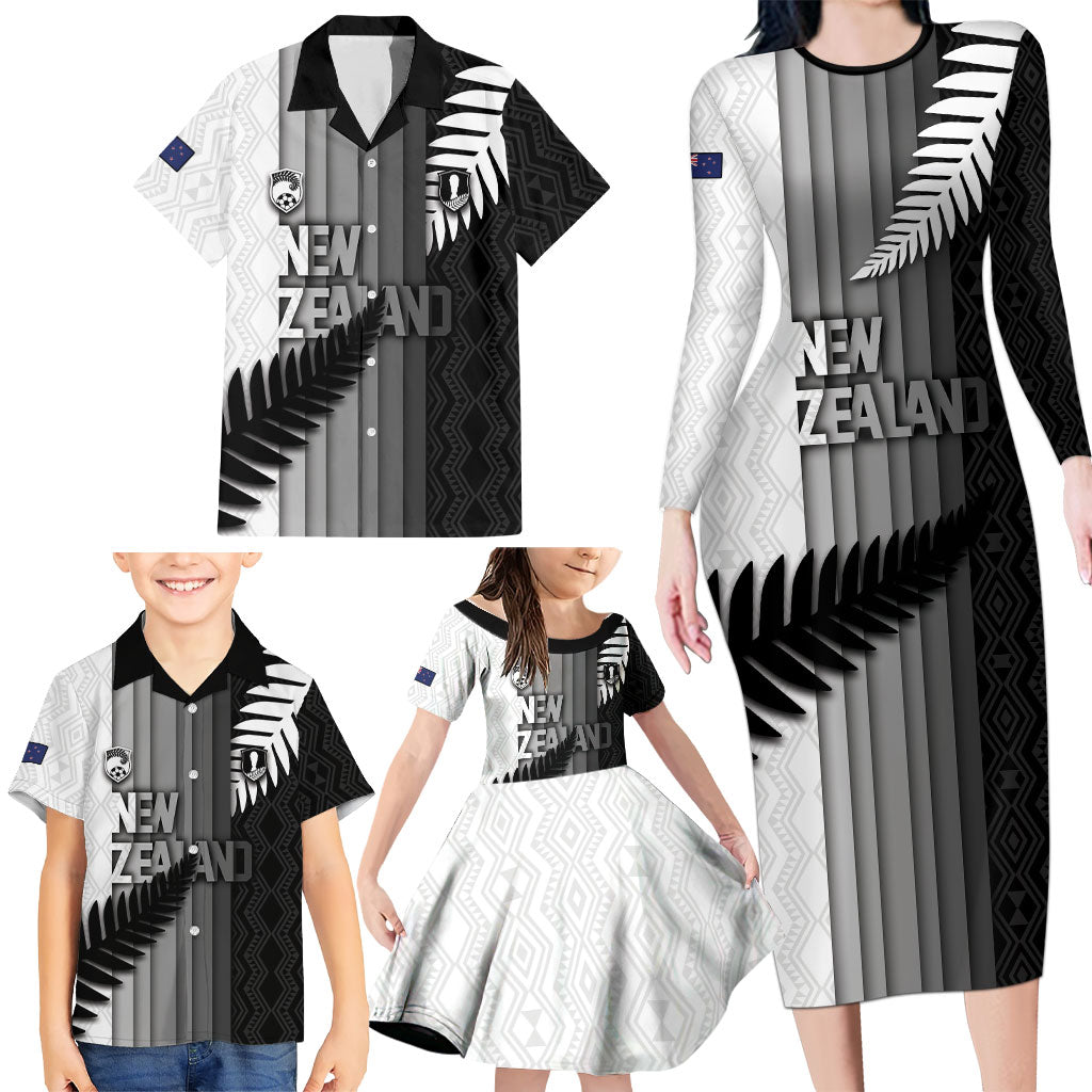 Custom New Zealand Football Family Matching Long Sleeve Bodycon Dress and Hawaiian Shirt Silver Fern Maori Pattern Monochrome