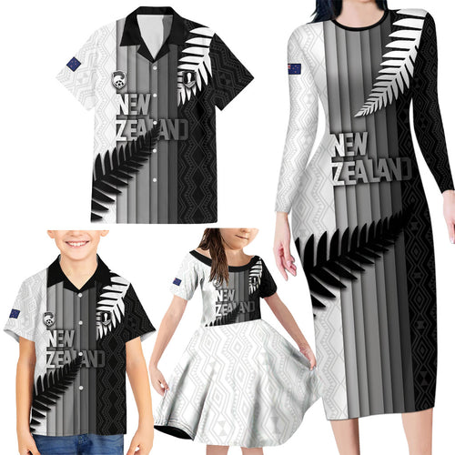 Custom New Zealand Football Family Matching Long Sleeve Bodycon Dress and Hawaiian Shirt Silver Fern Maori Pattern Monochrome