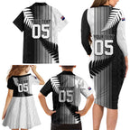 Custom New Zealand Football Family Matching Long Sleeve Bodycon Dress and Hawaiian Shirt Silver Fern Maori Pattern Monochrome