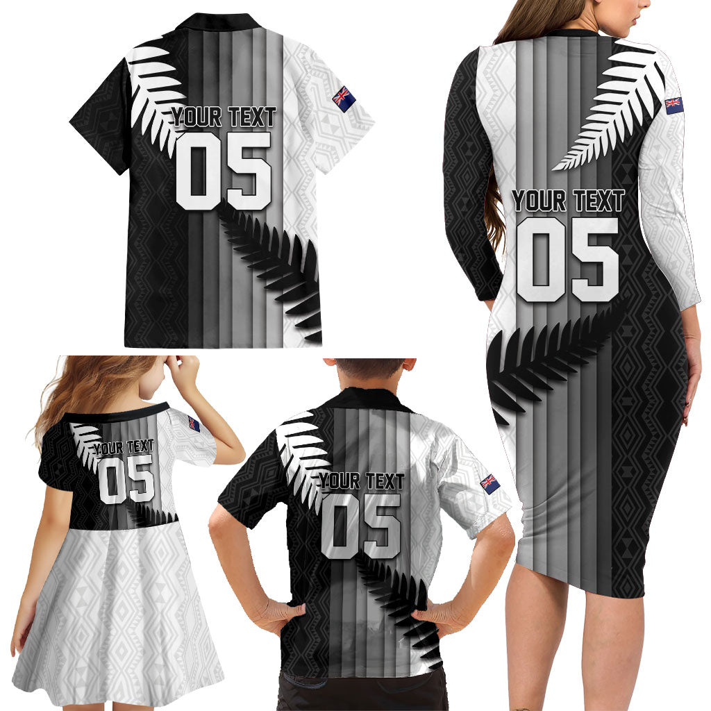 Custom New Zealand Football Family Matching Long Sleeve Bodycon Dress and Hawaiian Shirt Silver Fern Maori Pattern Monochrome