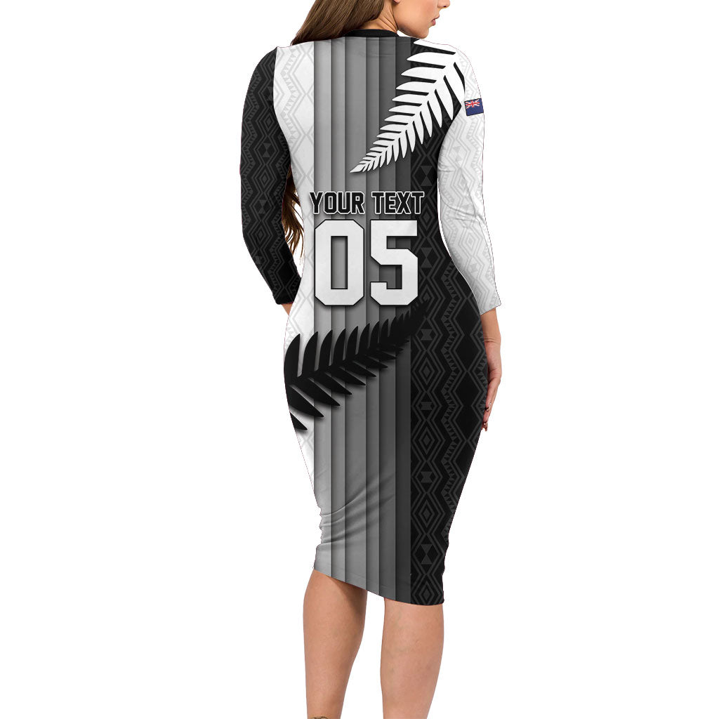 Custom New Zealand Football Family Matching Long Sleeve Bodycon Dress and Hawaiian Shirt Silver Fern Maori Pattern Monochrome