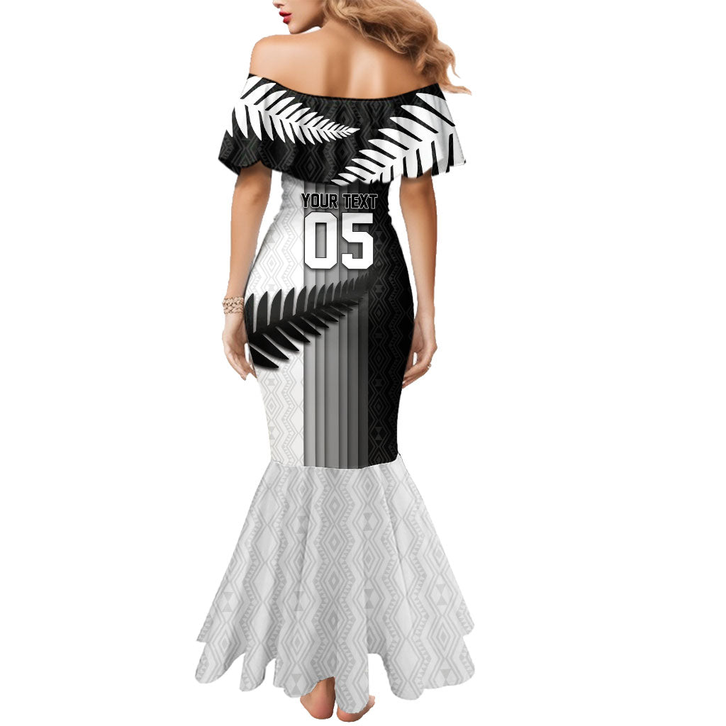 Custom New Zealand Football Family Matching Mermaid Dress and Hawaiian Shirt Silver Fern Maori Pattern Monochrome