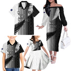 Custom New Zealand Football Family Matching Off The Shoulder Long Sleeve Dress and Hawaiian Shirt Silver Fern Maori Pattern Monochrome